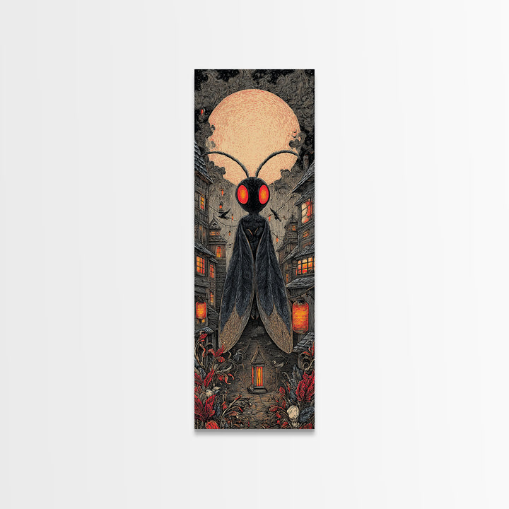 The Red-Eyed Moth Creature, Tall Narrow Wall Art, Spooky Home Decor, Canvas Print, Halloween Wall Decor, Gothic Home Decor