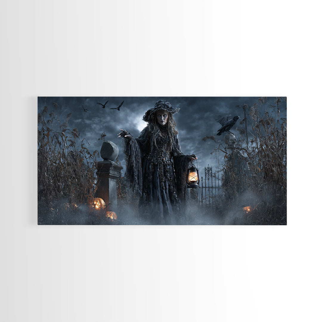 The Salt-Marsh Witch, Wide Panoramic Art, Haunted Gothic Art, Framed Canvas Print, Halloween Wall Decor, Gothic Home Decor