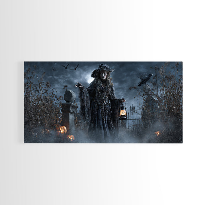 The Salt-Marsh Witch, Wide Panoramic Art, Haunted Gothic Art, Framed Canvas Print, Halloween Wall Decor, Gothic Home Decor