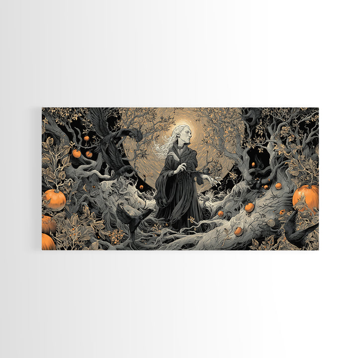 The Orchard Hag, Wide Panoramic Art, Gothic Horror Wall Art, Framed Canvas Print, Halloween Wall Decor, Gothic Home Decor