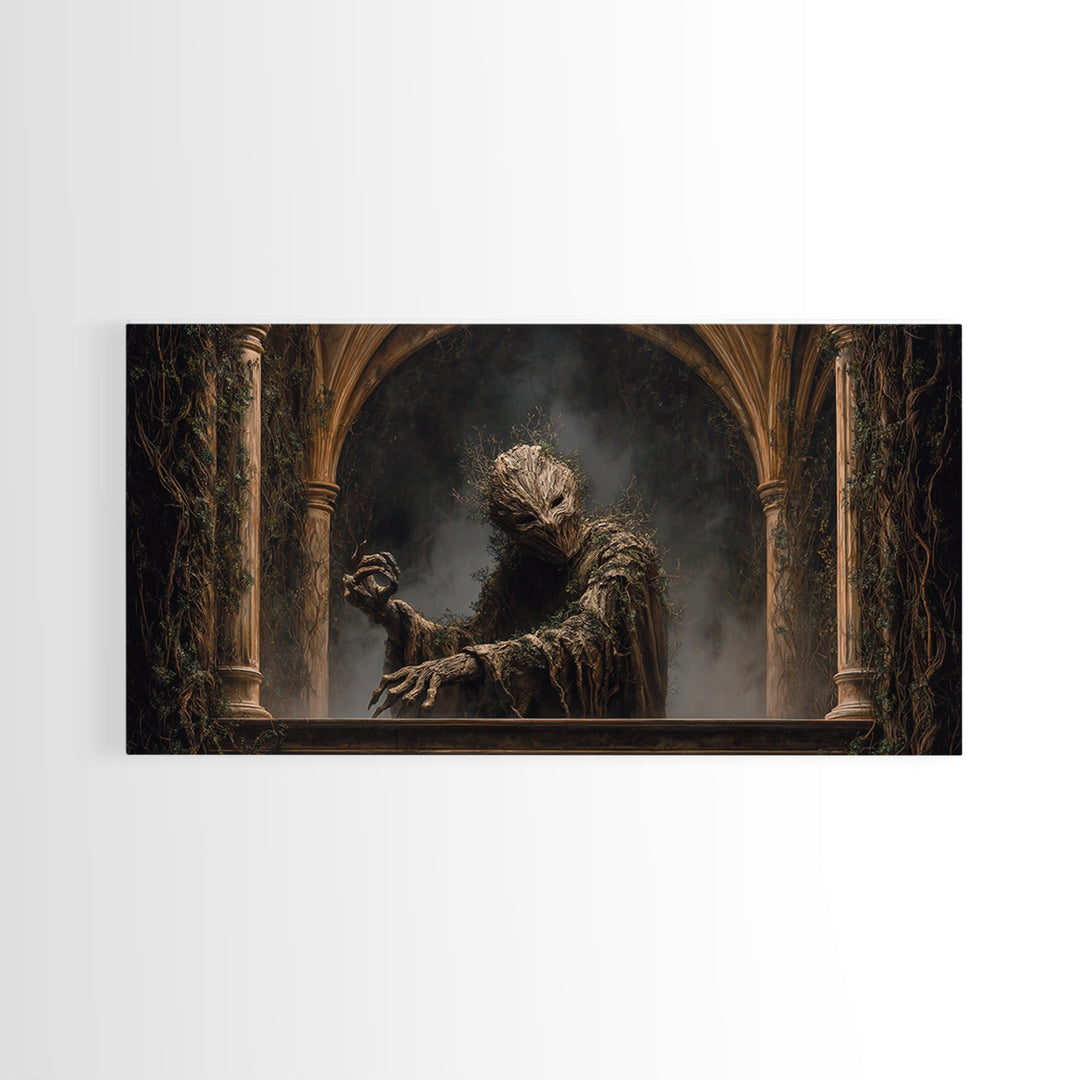The Hollow-Tree Monster, Wide Panoramic Art, Macabre Wall Art, Framed Canvas Print, Halloween Wall Decor, Gothic Home Decor