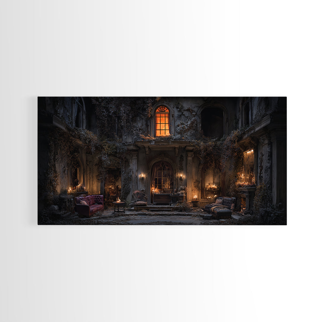 The Haunted Manor, Wide Panoramic Art, Macabre Wall Art, Framed Canvas Print, Halloween Wall Decor, Gothic Home Decor, Horror Wall Art