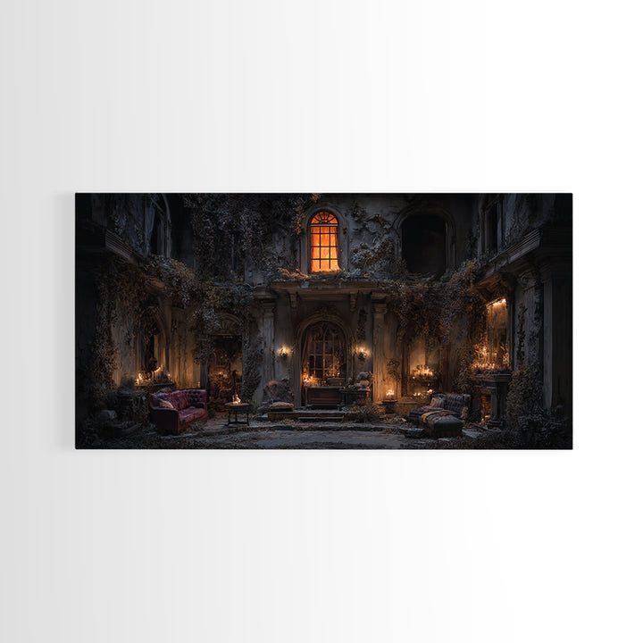 The Haunted Manor, Wide Panoramic Art, Macabre Wall Art, Framed Canvas Print, Halloween Wall Decor, Gothic Home Decor, Horror Wall Art