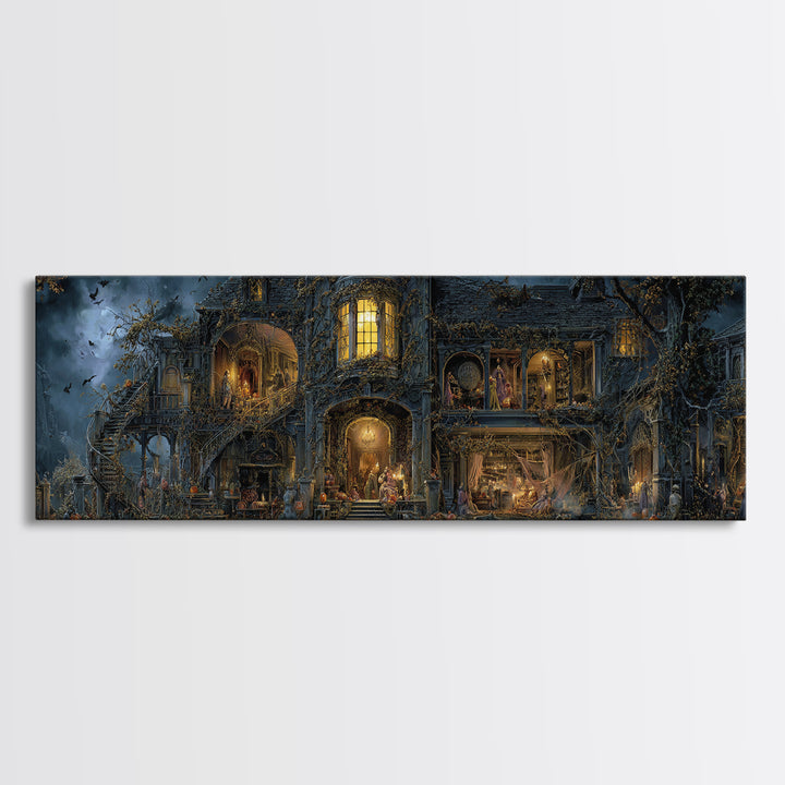 The Haunted Manor, Extra Wide Wall Art, Gothic Horror Wall Art, Framed Canvas Print, Halloween Wall Decor, Gothic Home Decor