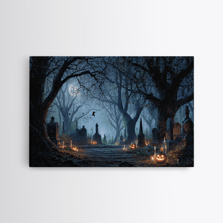 The Moonlit Cemetery, Landscape Wall Art, Gothic Horror Wall Art, Framed Canvas Print, Halloween Wall Decor, Gothic Home Decor