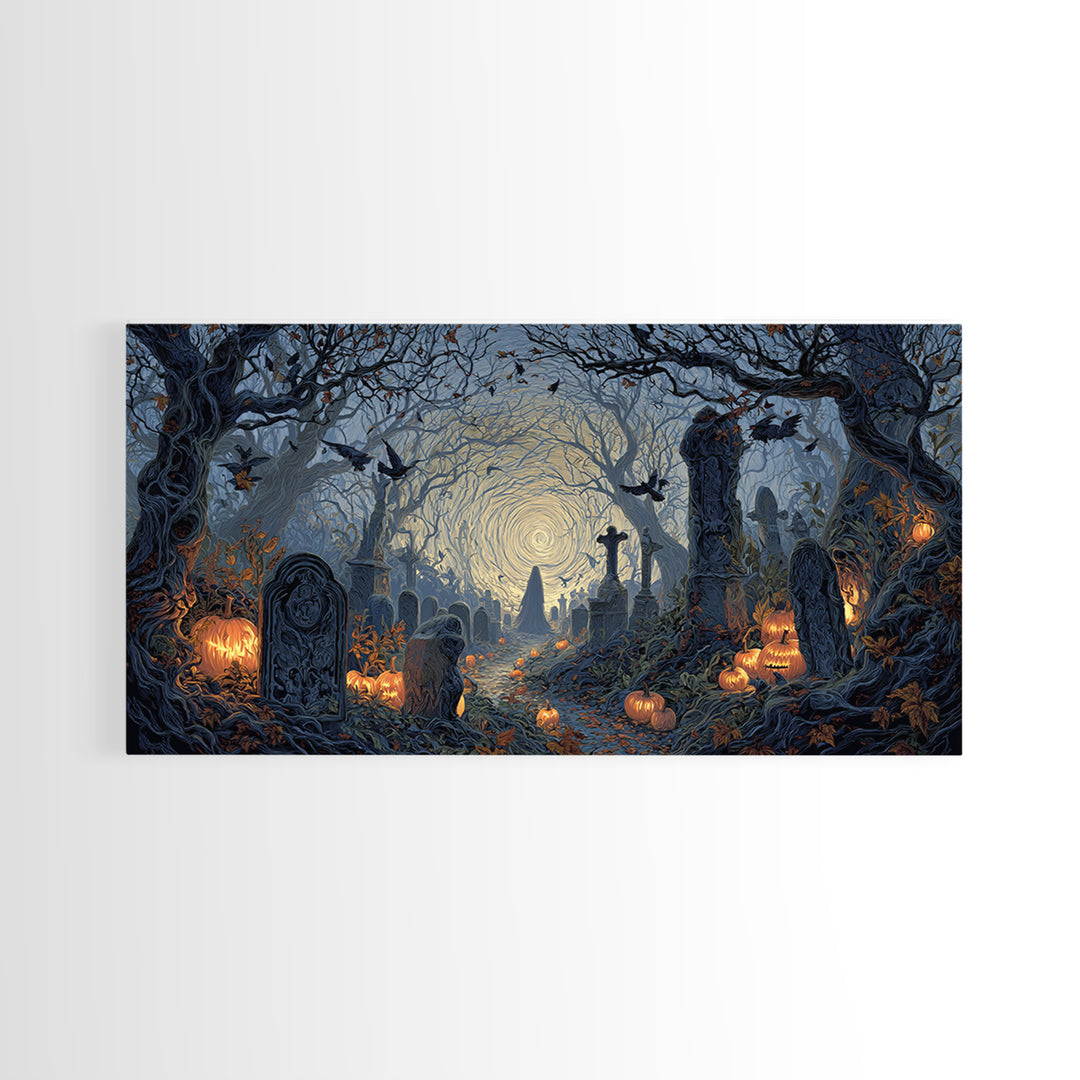 The Moonlit Cemetery, Wide Panoramic Art, Spooky Home Decor, Canvas Print, Halloween Wall Decor, Gothic Home Decor, Halloween Wall Art