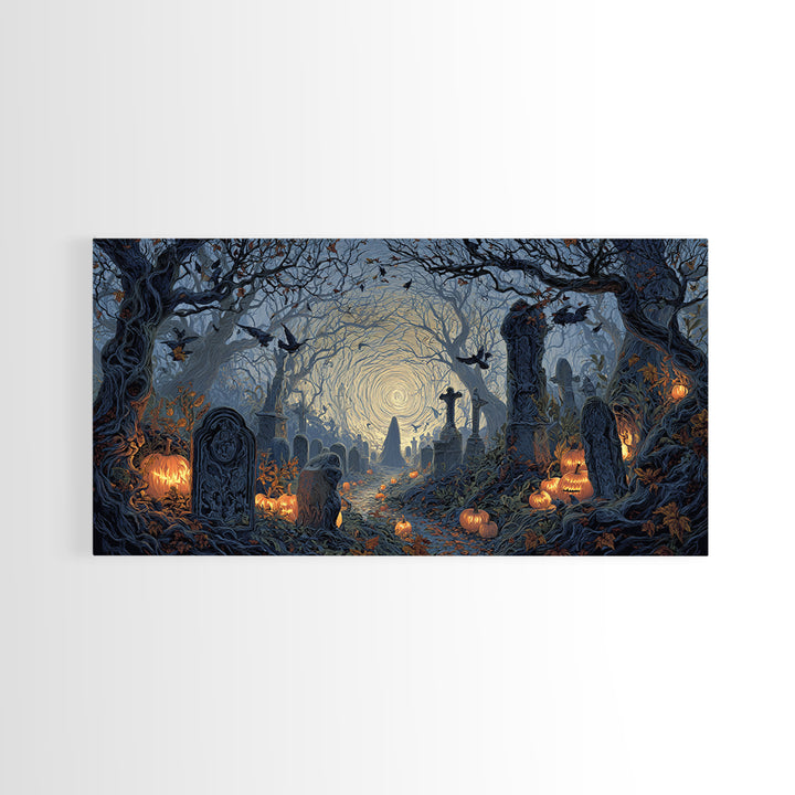 The Moonlit Cemetery, Wide Panoramic Art, Spooky Home Decor, Canvas Print, Halloween Wall Decor, Gothic Home Decor, Halloween Wall Art