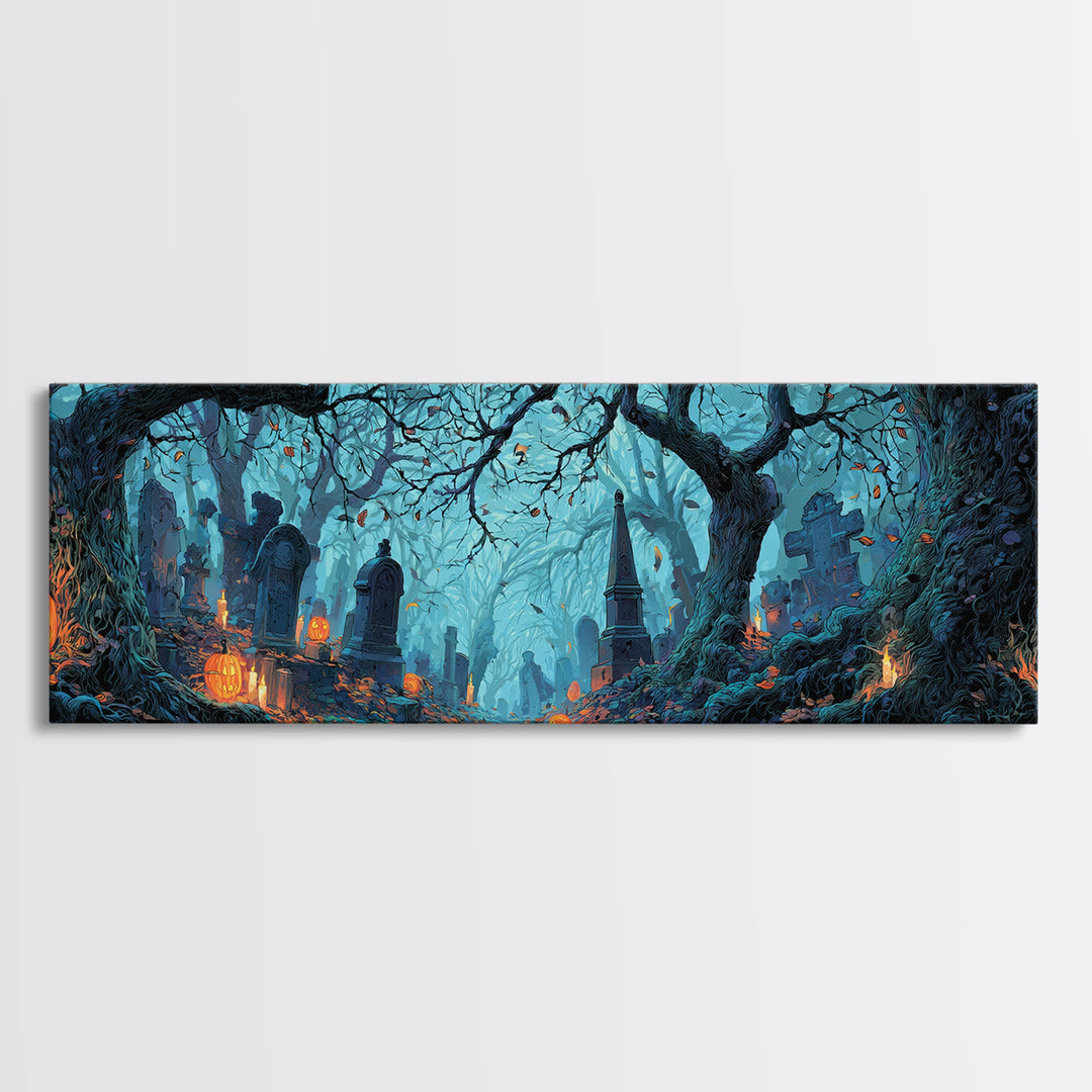 The Moonlit Cemetery, Extra Wide Wall Art, Dark Fantasy Wall Art, Canvas Print, Halloween Wall Decor, Gothic Home Decor, Spooky Wall Decor