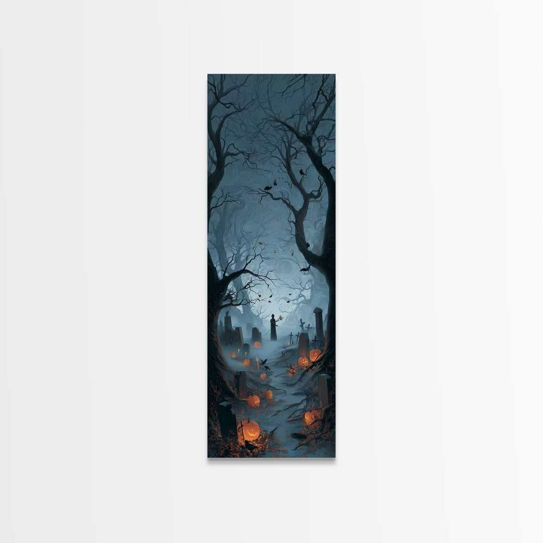 The Moonlit Cemetery, Tall Narrow Wall Art, Haunted Gothic Art, Framed Canvas Print, Halloween Wall Decor, Gothic Home Decor