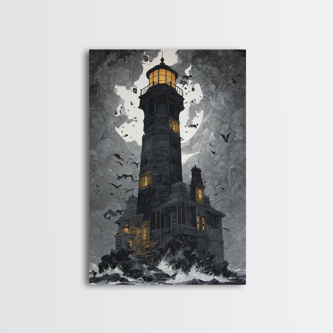 The Cursed Lighthouse, Vertical Wall Art, Macabre Wall Art, Framed Canvas Print, Halloween Wall Decor, Gothic Home Decor