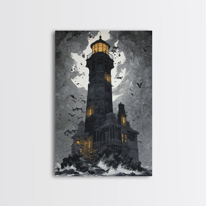 The Cursed Lighthouse, Vertical Wall Art, Macabre Wall Art, Framed Canvas Print, Halloween Wall Decor, Gothic Home Decor