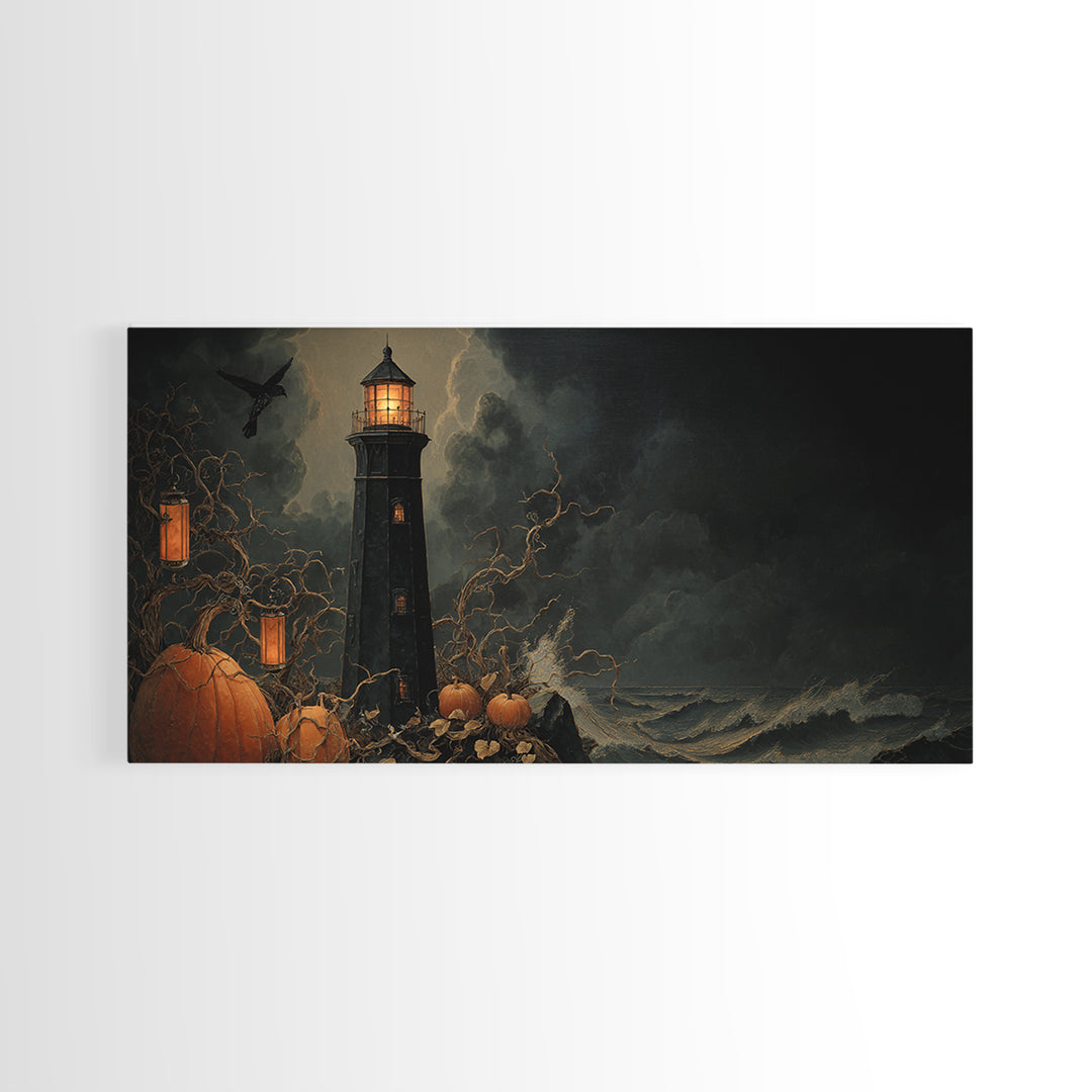 The Cursed Lighthouse, Wide Panoramic Art, Dark Halloween Decor, Canvas Print, Halloween Wall Decor, Gothic Home Decor