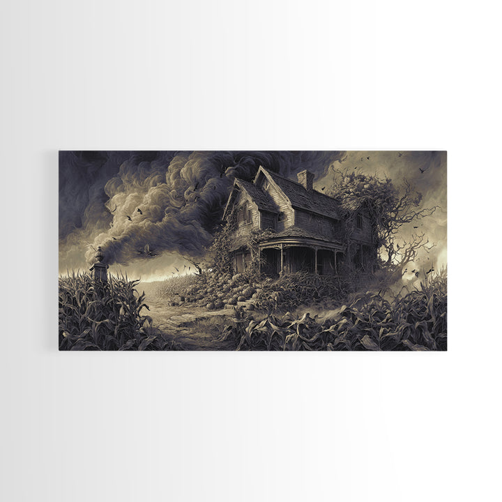 The Possessed Farmhouse, Wide Panoramic Art, Gothic Horror Wall Art, Framed Canvas Print, Halloween Wall Decor, Gothic Home Decor