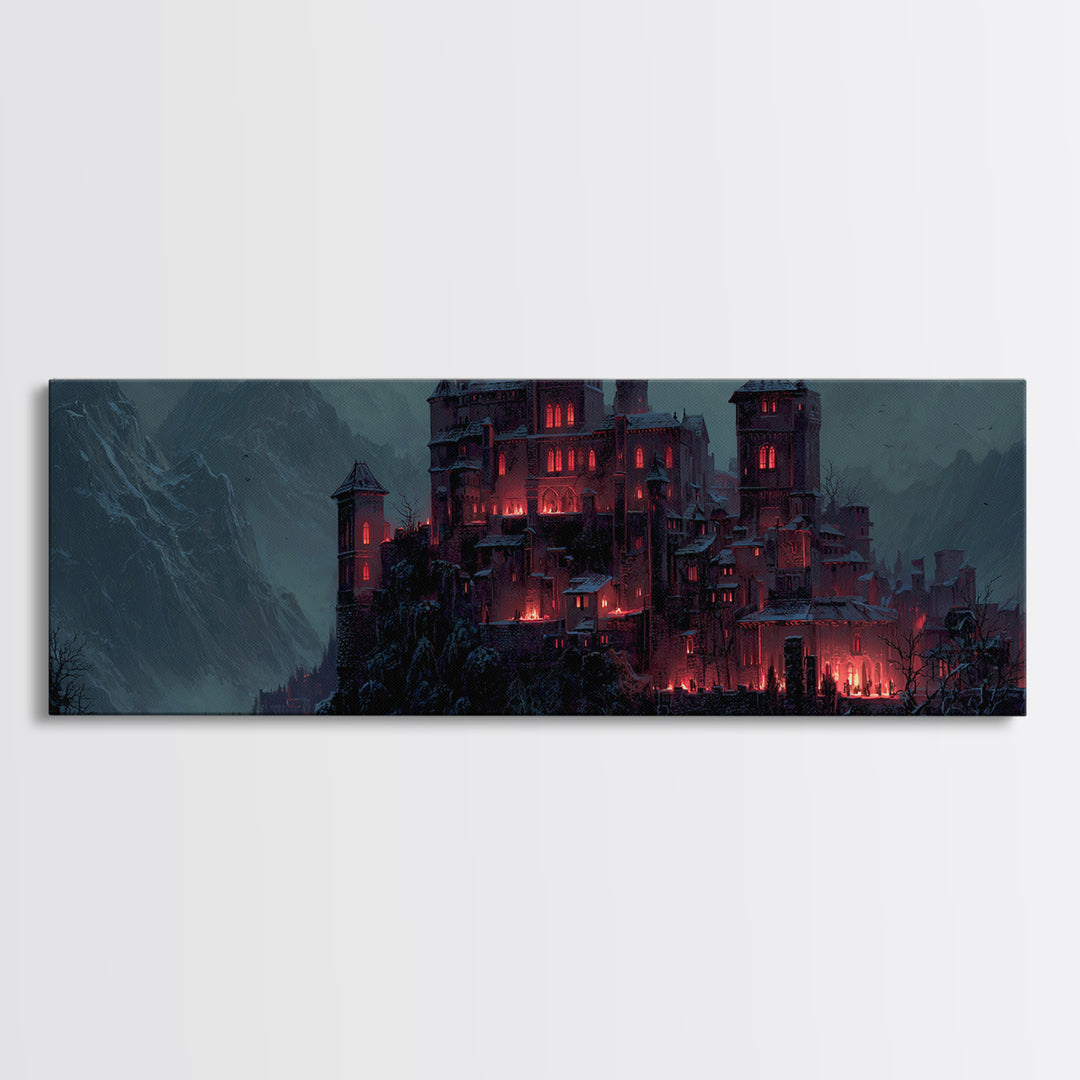 The Vampire Castle, Extra Wide Wall Art, Macabre Wall Art, Framed Canvas Print, Halloween Wall Decor, Gothic Home Decor, Spooky Wall Decor