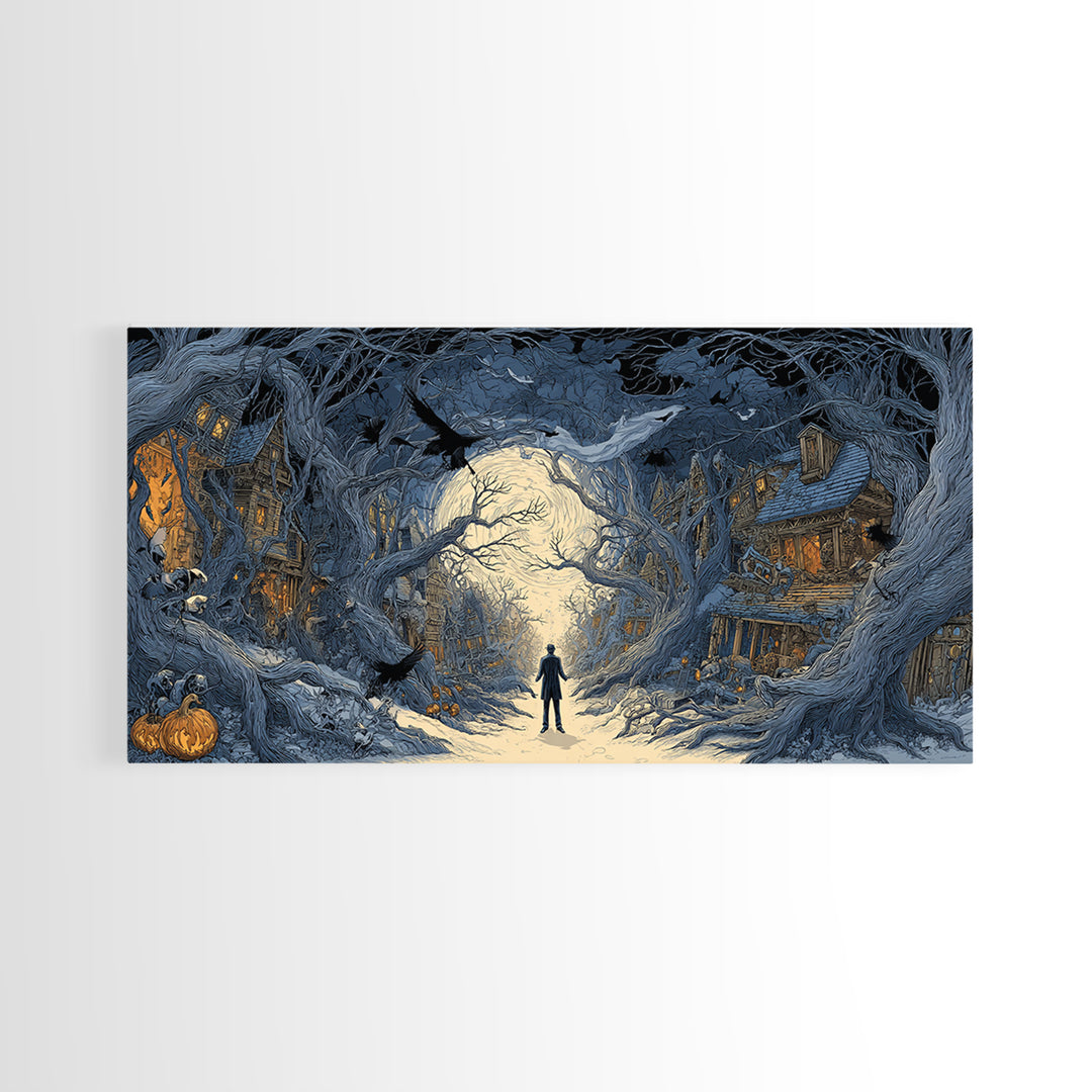 The Ghost Town Main Street, Wide Panoramic Art, Haunted Gothic Art, Framed Canvas Print, Halloween Wall Decor, Gothic Home Decor