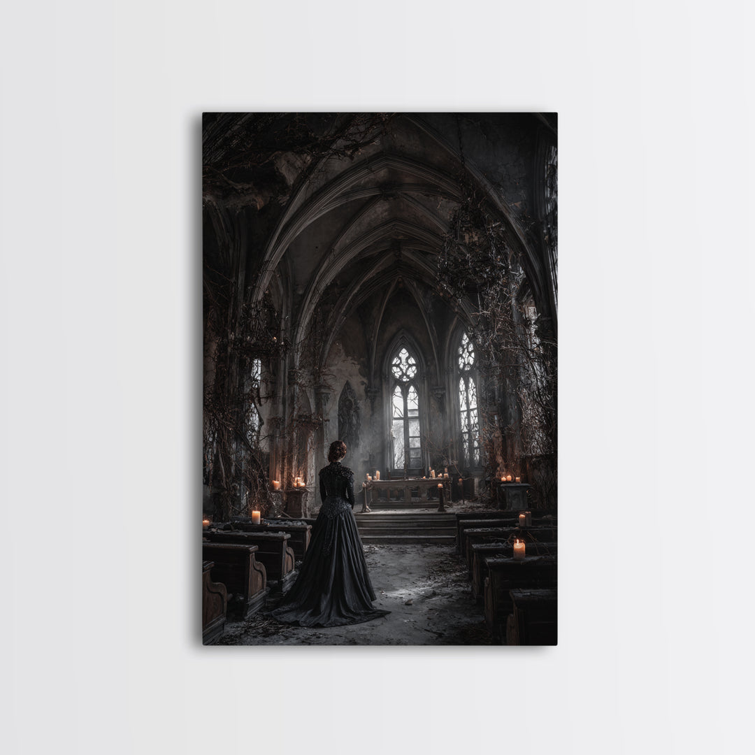 The Overgrown Chapel, Vertical Wall Art, Macabre Wall Art, Framed Canvas Print, Halloween Wall Decor, Gothic Home Decor, Spooky Wall Decor