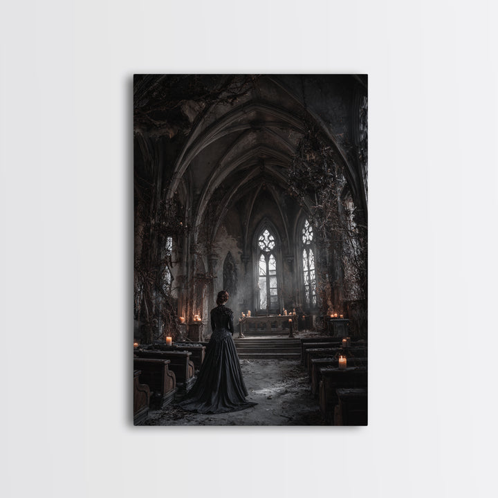 The Overgrown Chapel, Vertical Wall Art, Macabre Wall Art, Framed Canvas Print, Halloween Wall Decor, Gothic Home Decor, Spooky Wall Decor