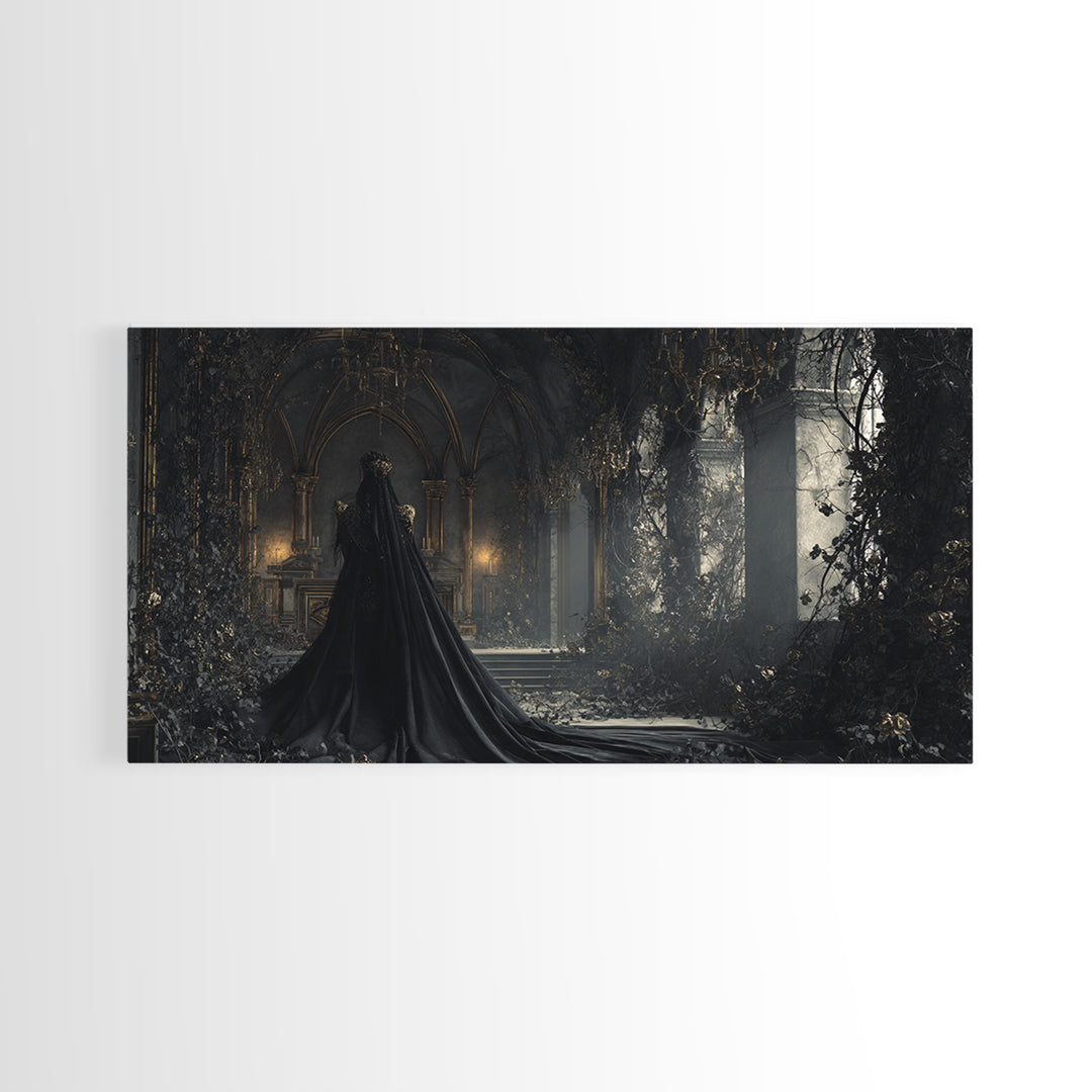 The Overgrown Chapel, Wide Panoramic Art, Macabre Wall Art, Framed Canvas Print, Halloween Wall Decor, Gothic Home Decor, Dark Fantasy Art