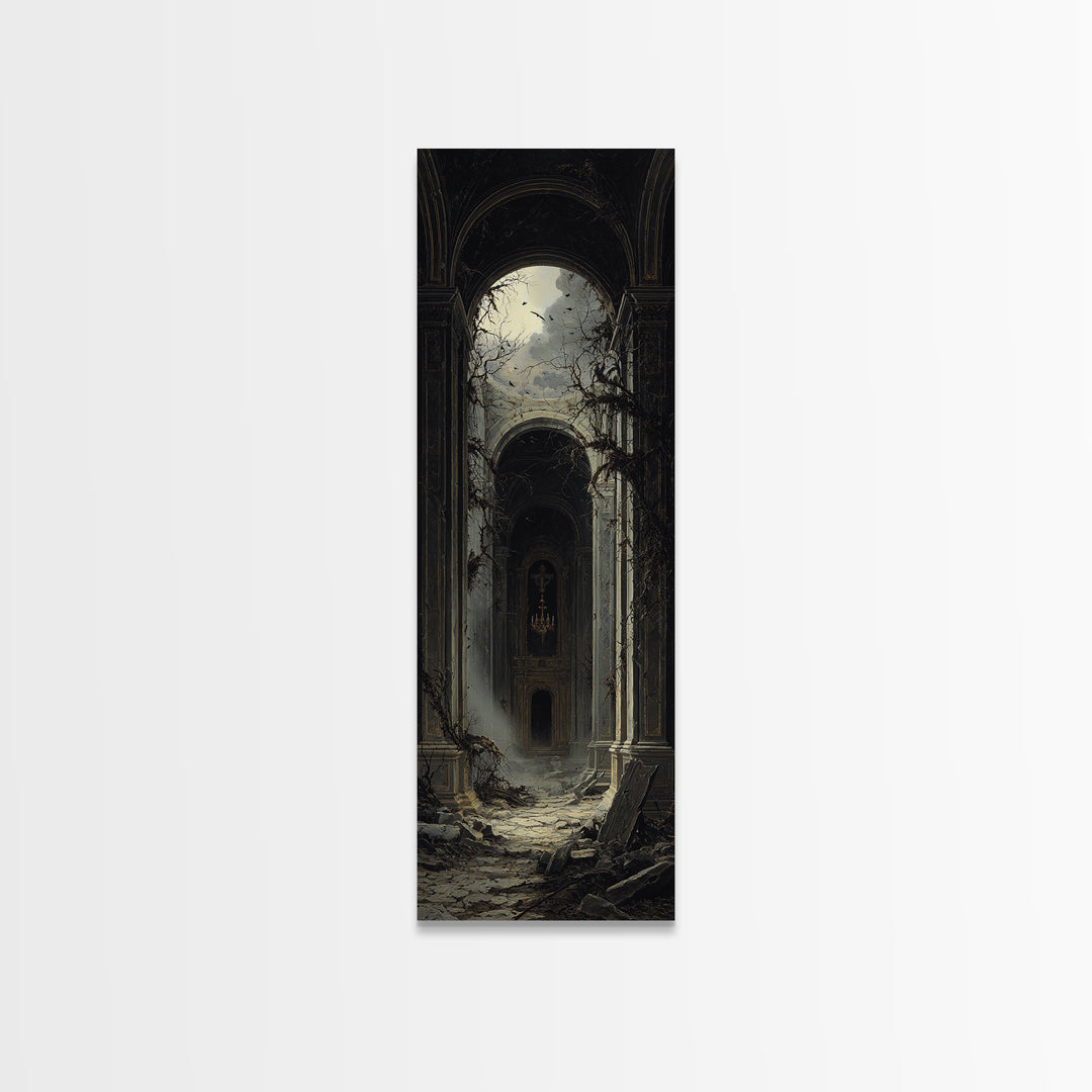 The Overgrown Chapel, Tall Narrow Wall Art, Dark Halloween Decor, Canvas Print, Halloween Wall Decor, Gothic Home Decor, Spooky Wall Decor