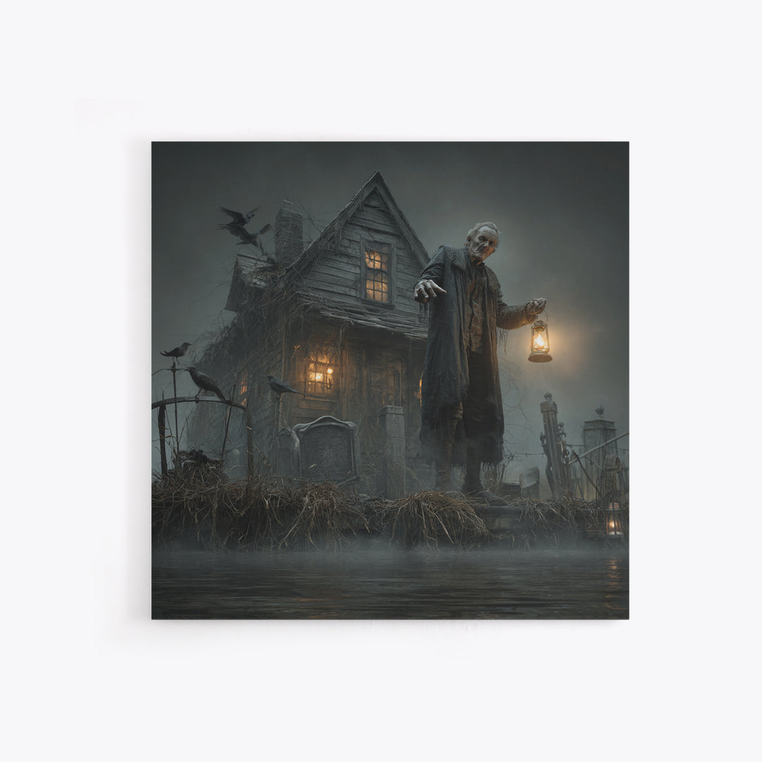 The Foggy Swamp Shack, Square Wall Art, Haunted Gothic Art, Framed Canvas Print, Halloween Wall Decor, Gothic Home Decor, Spooky Wall Decor