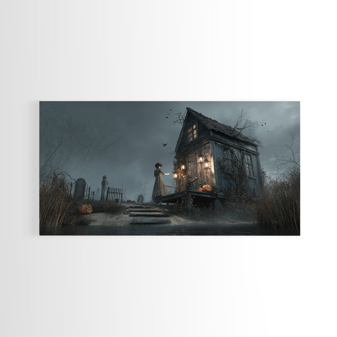 The Foggy Swamp Shack, Wide Panoramic Art, Gothic Horror Wall Art, Framed Canvas Print, Halloween Wall Decor, Gothic Home Decor
