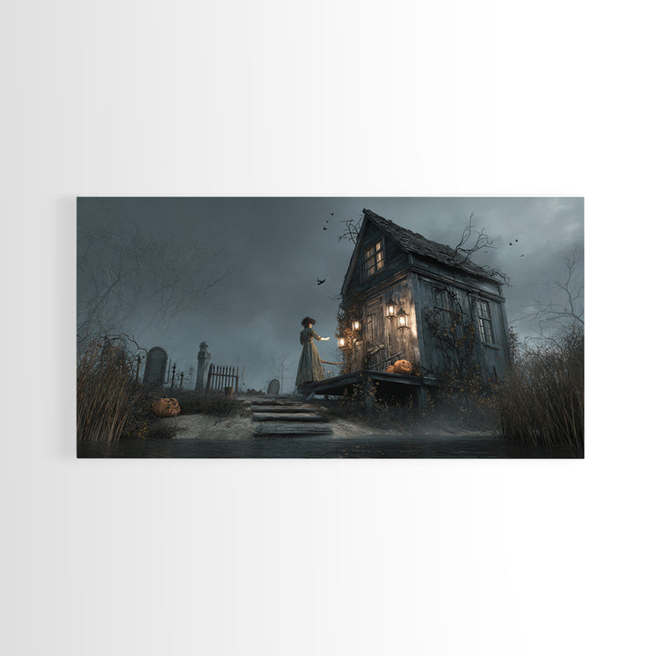 The Foggy Swamp Shack, Wide Panoramic Art, Gothic Horror Wall Art, Framed Canvas Print, Halloween Wall Decor, Gothic Home Decor