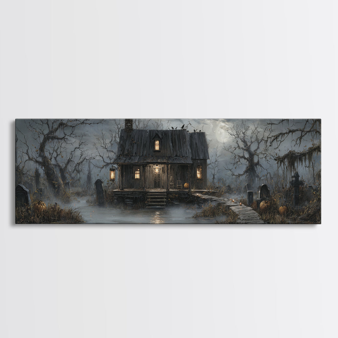 The Foggy Swamp Shack, Extra Wide Wall Art, Haunted Gothic Art, Framed Canvas Print, Halloween Wall Decor, Gothic Home Decor