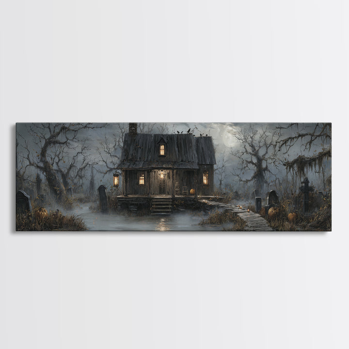 The Foggy Swamp Shack, Extra Wide Wall Art, Haunted Gothic Art, Framed Canvas Print, Halloween Wall Decor, Gothic Home Decor