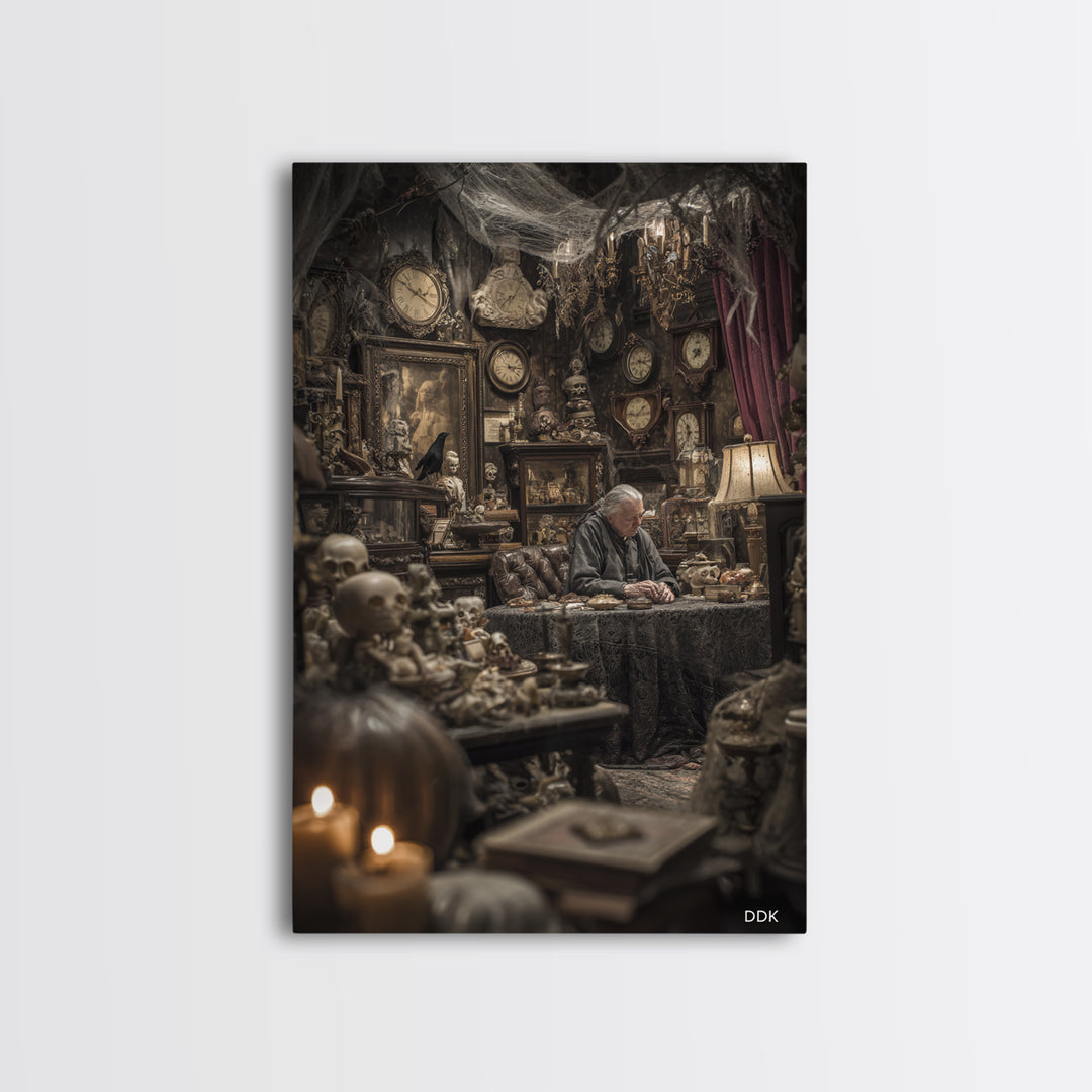The Midnight Antique Shop, Vertical Wall Art, Macabre Wall Art, Framed Canvas Print, Halloween Wall Decor, Gothic Home Decor