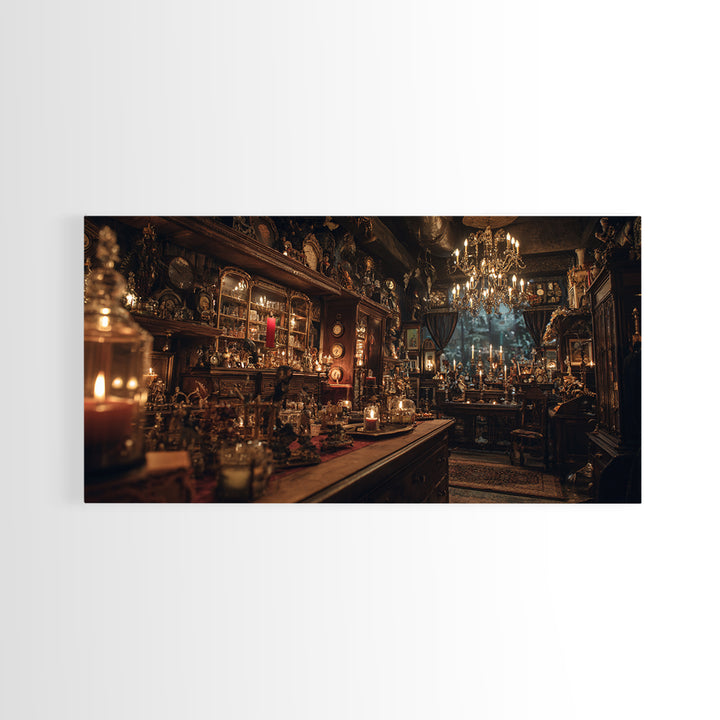 The Midnight Antique Shop, Wide Panoramic Art, Haunted Gothic Art, Framed Canvas Print, Halloween Wall Decor, Gothic Home Decor
