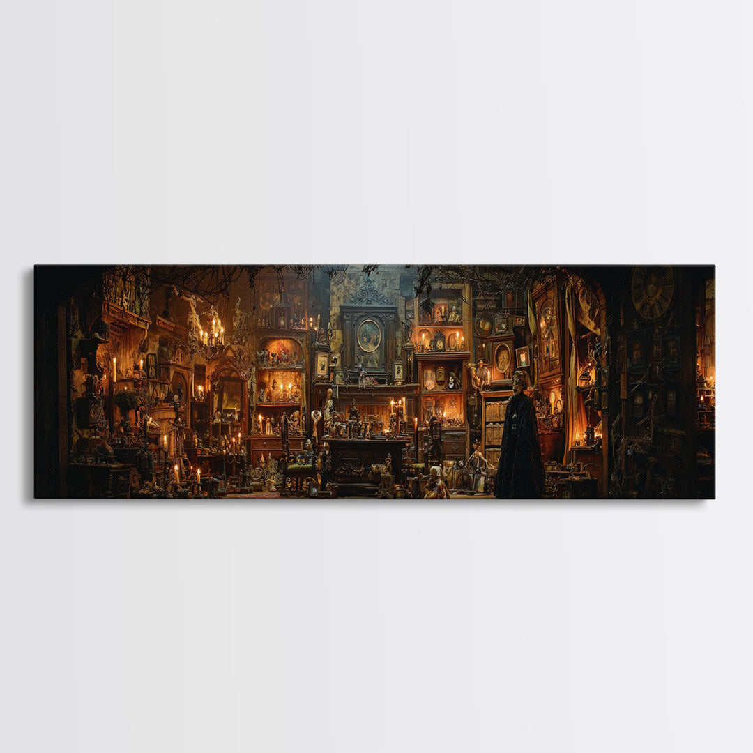 The Midnight Antique Shop, Extra Wide Wall Art, Gothic Horror Wall Art, Framed Canvas Print, Halloween Wall Decor, Gothic Home Decor