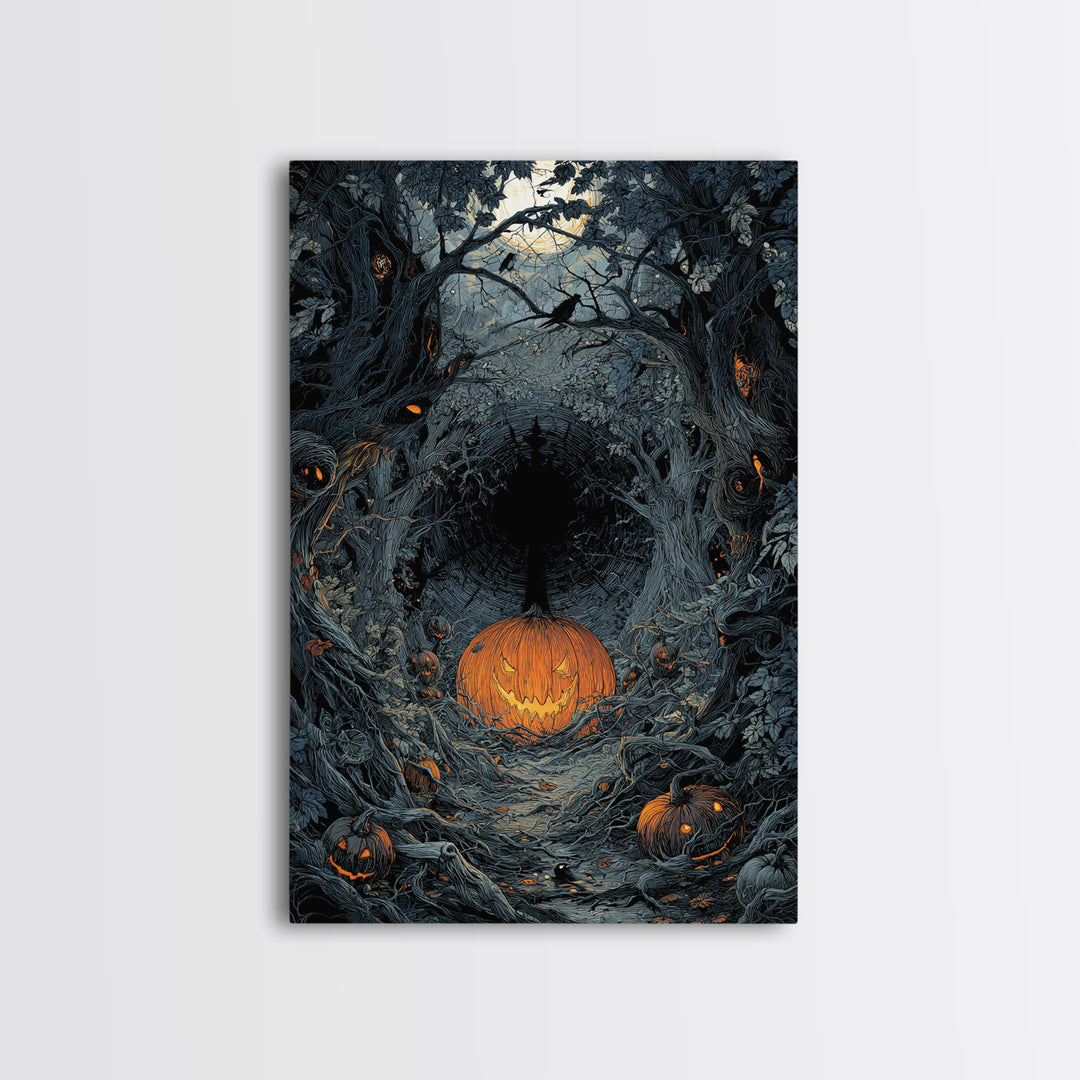 The Pumpkin Patch Maze, Vertical Wall Art, Gothic Horror Wall Art, Framed Canvas Print, Halloween Wall Decor, Gothic Home Decor