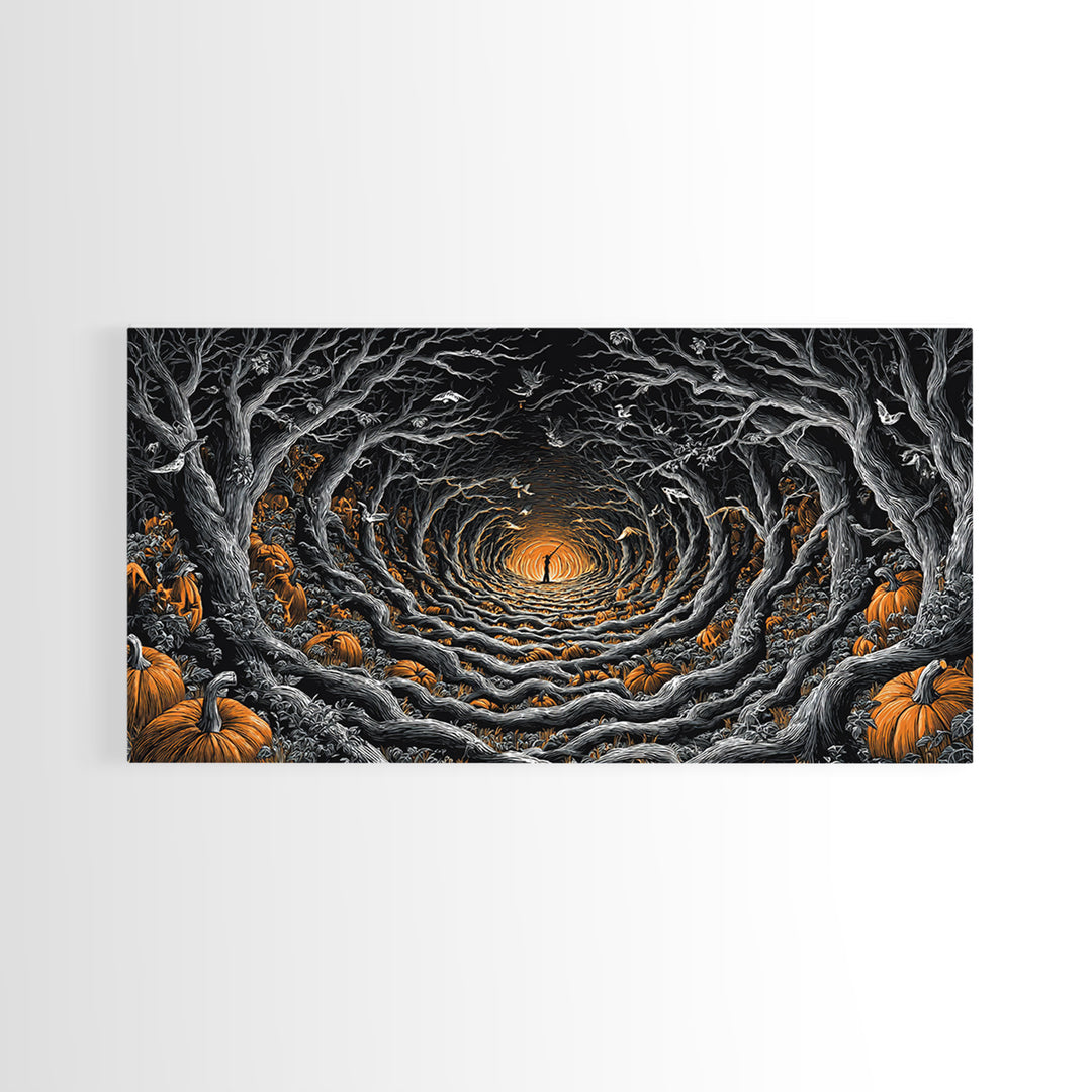 The Pumpkin Patch Maze, Wide Panoramic Art, Dark Halloween Decor, Canvas Print, Halloween Wall Decor, Gothic Home Decor, Macabre Wall Art