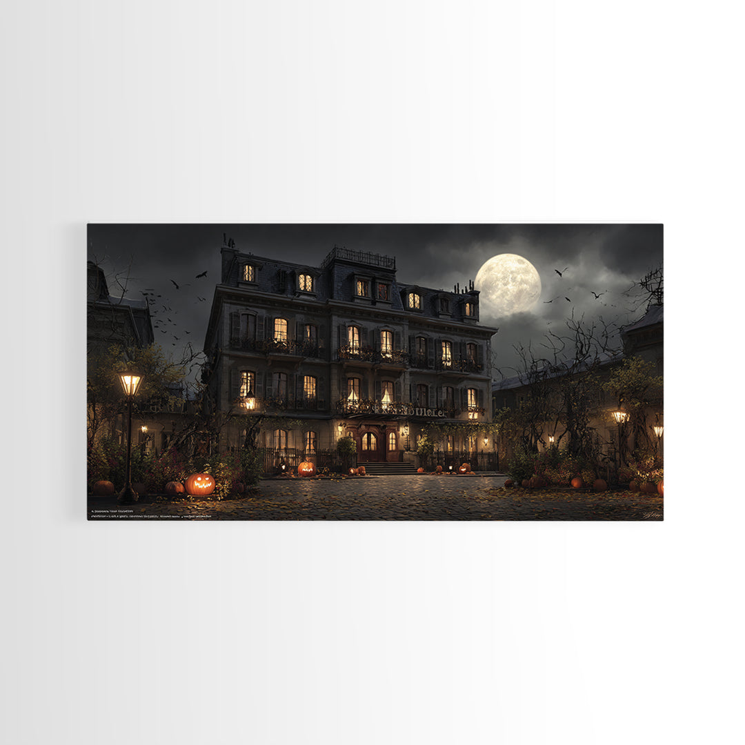 The Haunted Hotel, Wide Panoramic Art, Macabre Wall Art, Framed Canvas Print, Halloween Wall Decor, Gothic Home Decor, Horror Wall Art