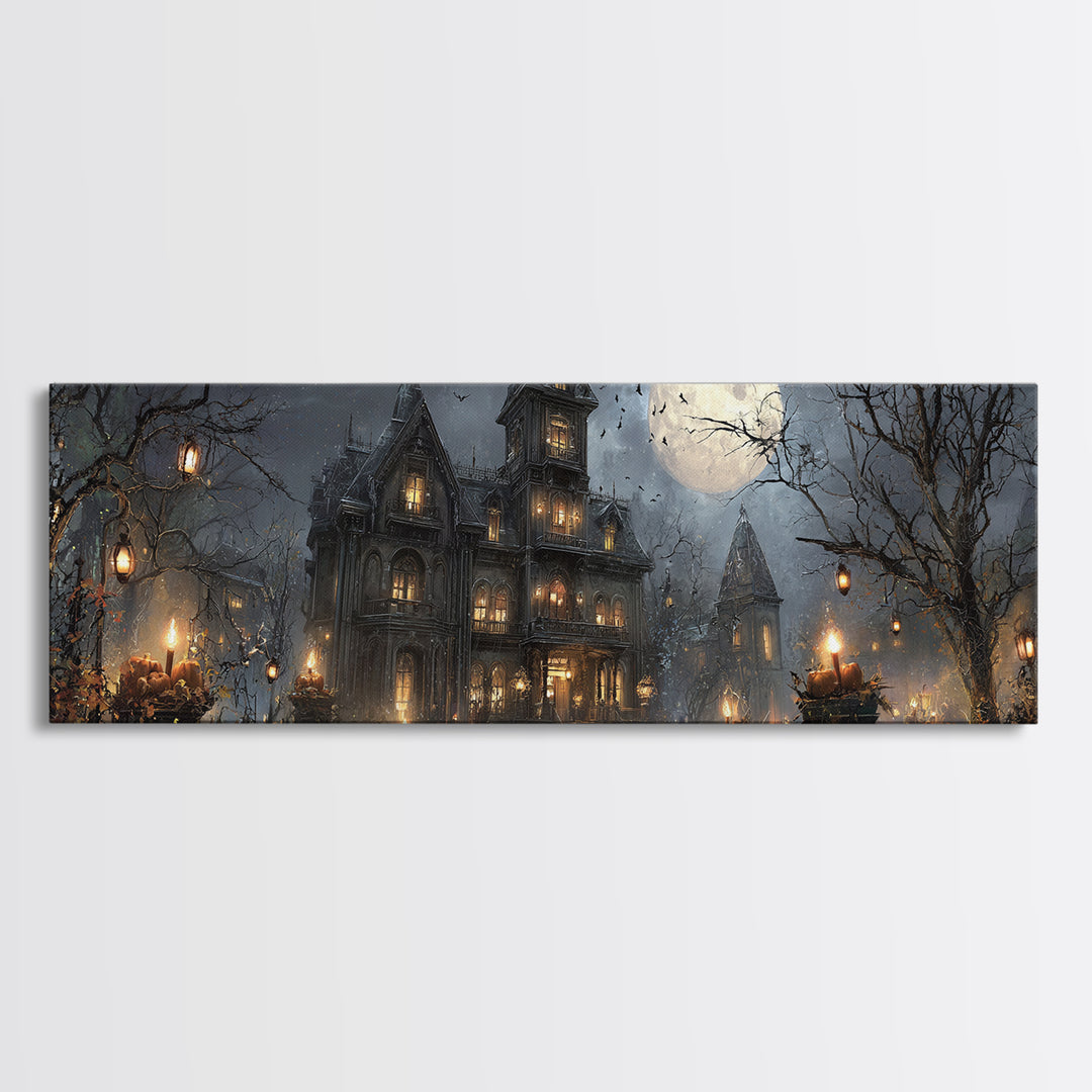 The Haunted Hotel, Extra Wide Wall Art, Dark Halloween Decor, Canvas Print, Halloween Wall Decor, Gothic Home Decor, Spooky Wall Decor