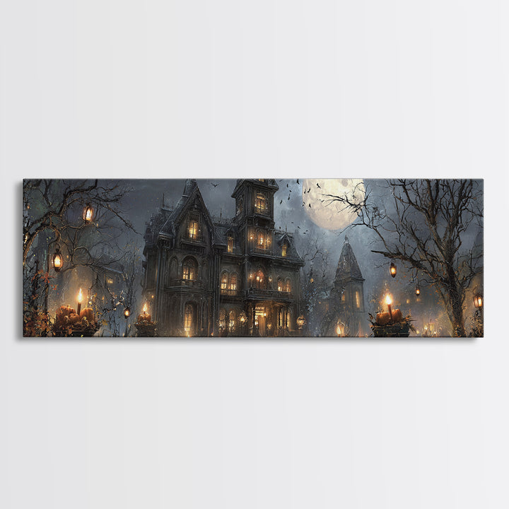 The Haunted Hotel, Extra Wide Wall Art, Dark Halloween Decor, Canvas Print, Halloween Wall Decor, Gothic Home Decor, Spooky Wall Decor