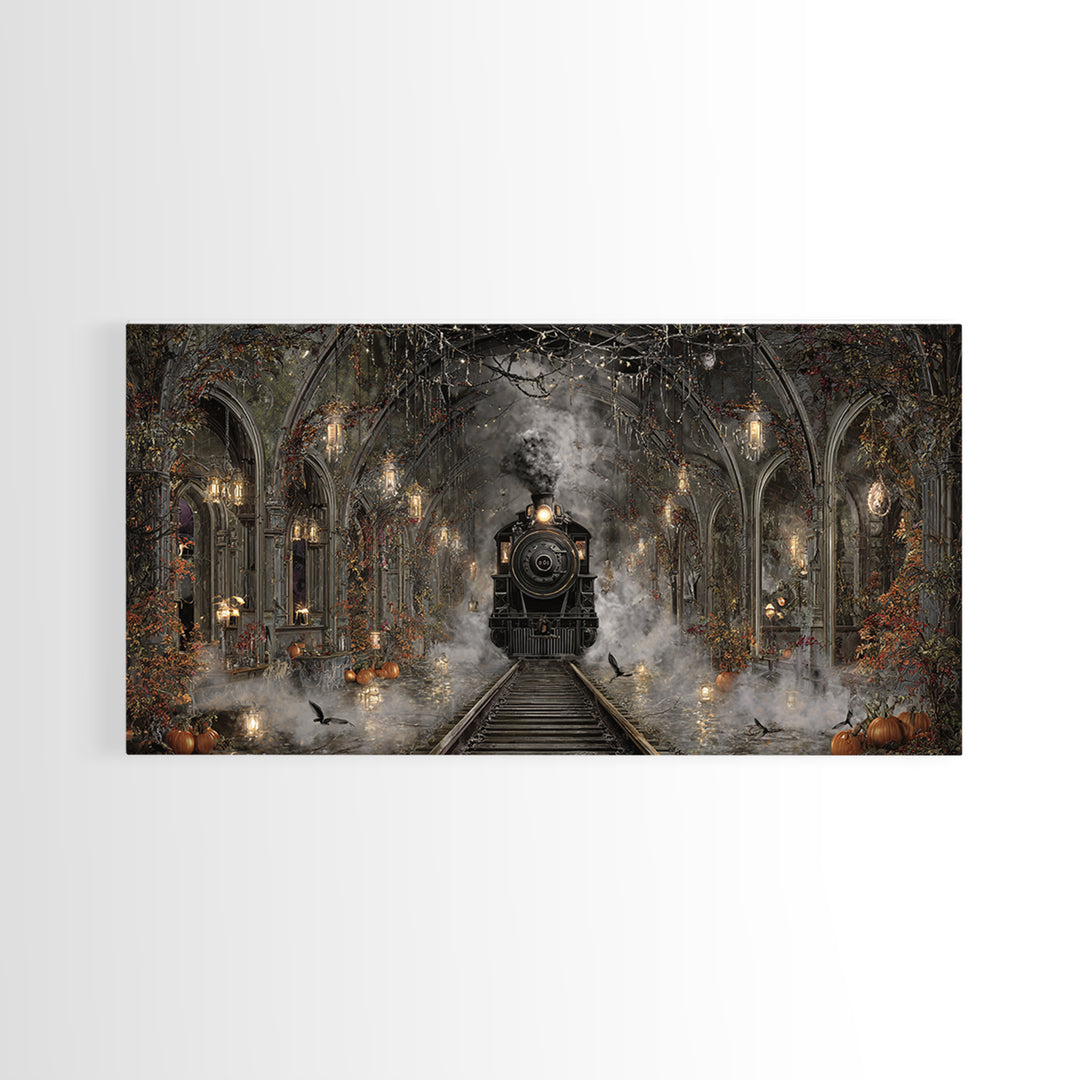 The Abandoned Train Station, Wide Panoramic Art, Macabre Wall Art, Framed Canvas Print, Halloween Wall Decor, Gothic Home Decor