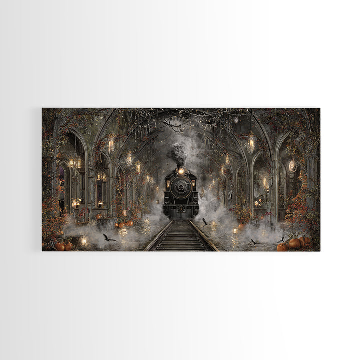 The Abandoned Train Station, Wide Panoramic Art, Macabre Wall Art, Framed Canvas Print, Halloween Wall Decor, Gothic Home Decor