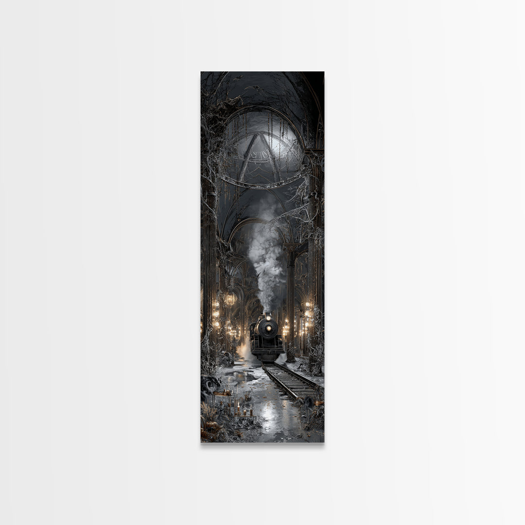 The Abandoned Train Station, Tall Narrow Wall Art, Gothic Horror Wall Art, Framed Canvas Print, Halloween Wall Decor, Gothic Home Decor