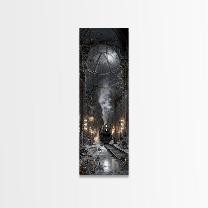 The Abandoned Train Station, Tall Narrow Wall Art, Gothic Horror Wall Art, Framed Canvas Print, Halloween Wall Decor, Gothic Home Decor