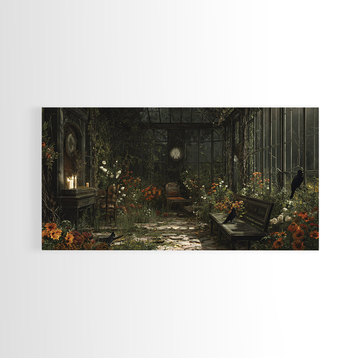 The Cemetery Greenhouse, Wide Panoramic Art, Spooky Home Decor, Canvas Print, Halloween Wall Decor, Gothic Home Decor, Horror Wall Art