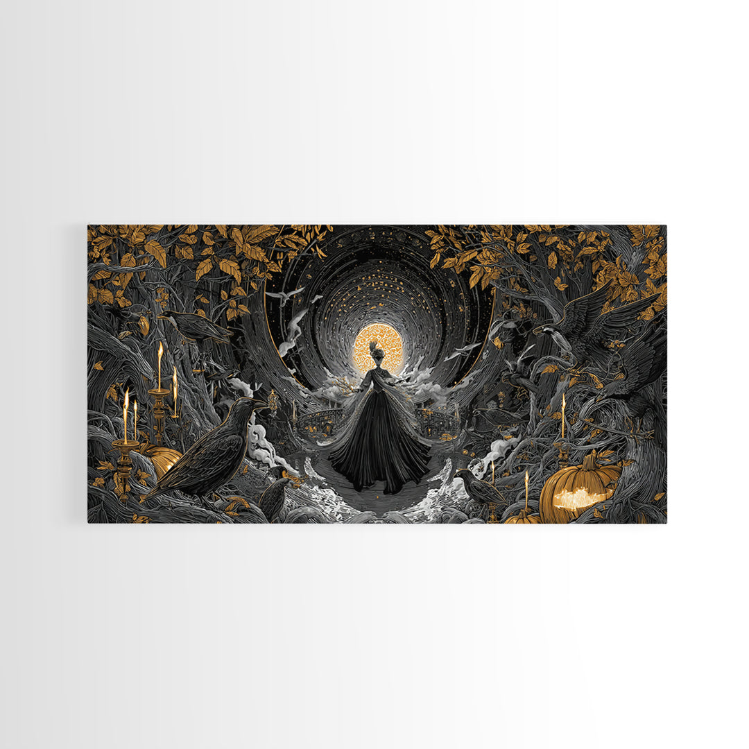 The Midnight Masquerade, Wide Panoramic Art, Haunted Gothic Art, Framed Canvas Print, Halloween Wall Decor, Gothic Home Decor