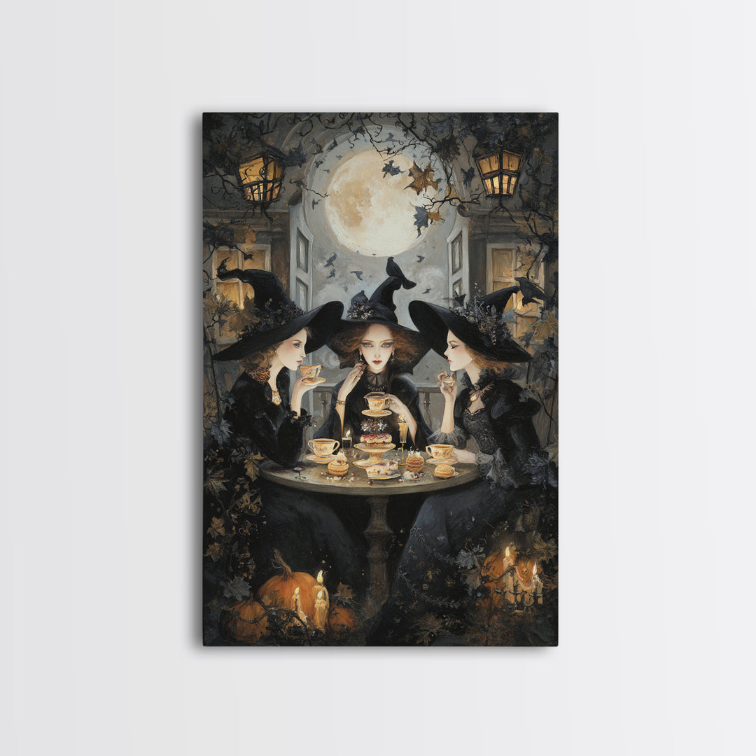 The Witches' Tea Party, Vertical Wall Art, Macabre Wall Art, Framed Canvas Print, Halloween Wall Decor, Gothic Home Decor, Halloween Decor