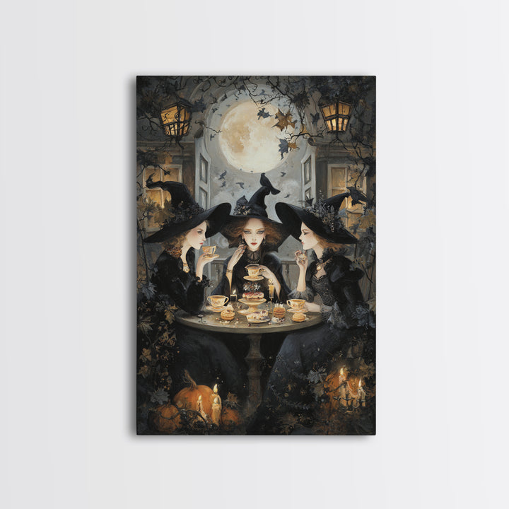 The Witches' Tea Party, Vertical Wall Art, Macabre Wall Art, Framed Canvas Print, Halloween Wall Decor, Gothic Home Decor, Halloween Decor
