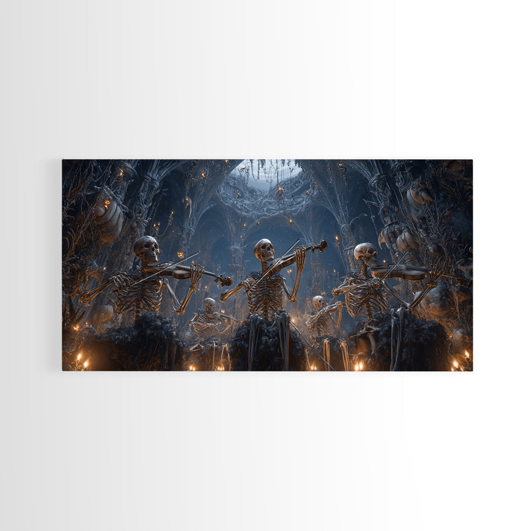 The Skeleton Orchestra, Wide Panoramic Art, Macabre Wall Art, Framed Canvas Print, Halloween Wall Decor, Gothic Home Decor