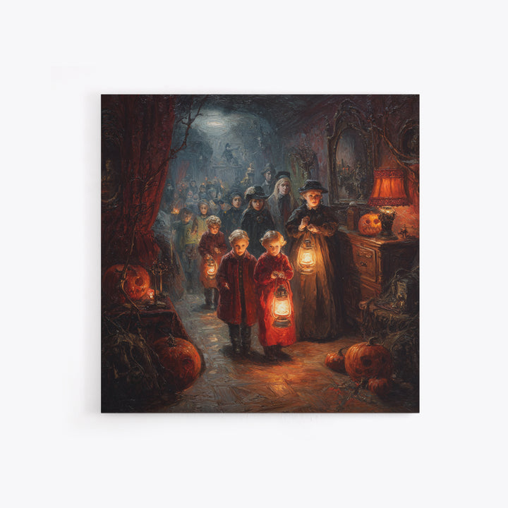 The Trick-Or-Treat Procession, Square Wall Art, Haunted Gothic Art, Framed Canvas Print, Halloween Wall Decor, Gothic Home Decor