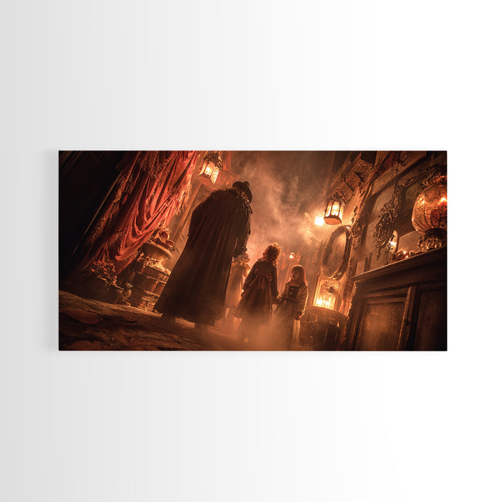 The Trick-Or-Treat Procession, Wide Panoramic Art, Gothic Horror Wall Art, Framed Canvas Print, Halloween Wall Decor, Gothic Home Decor