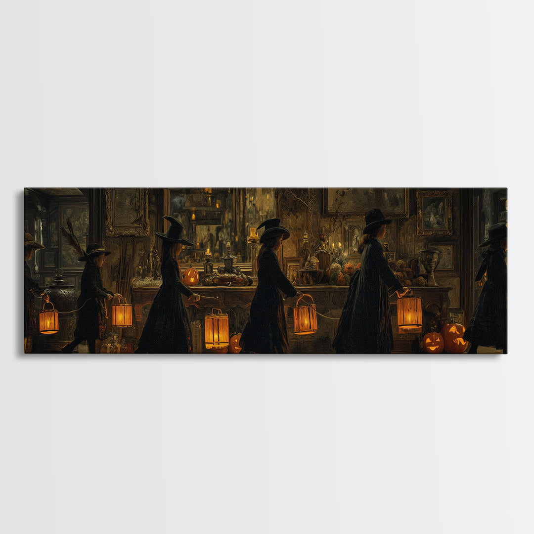 The Trick-Or-Treat Procession, Extra Wide Wall Art, Dark Fantasy Wall Art, Canvas Print, Halloween Wall Decor, Gothic Home Decor