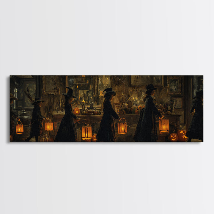 The Trick-Or-Treat Procession, Extra Wide Wall Art, Dark Fantasy Wall Art, Canvas Print, Halloween Wall Decor, Gothic Home Decor