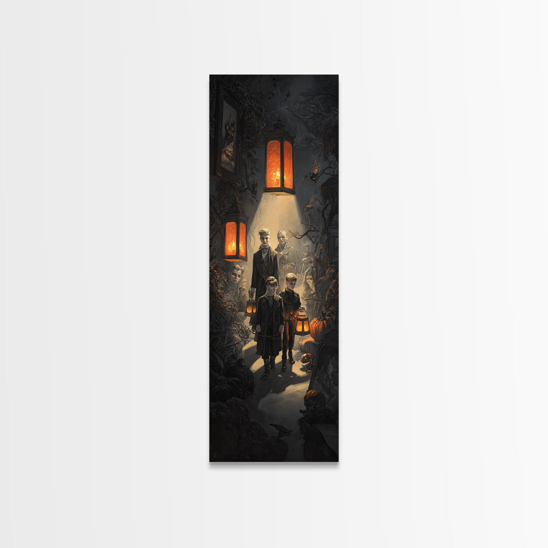 The Trick-Or-Treat Procession, Tall Narrow Wall Art, Spooky Home Decor, Canvas Print, Halloween Wall Decor, Gothic Home Decor